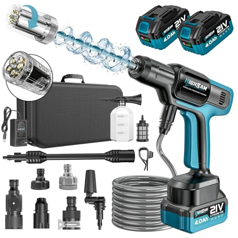 Nettoyeur Haute Pression sans Fil, Moteur sans Balais 3000 W, Mode 3 Vitesses, Maximum 100 Bar, Batterie De avec 2 Batteries 4,0 Ah, Buse Rotative 5 en 1, pour La Voiture Et La Maison