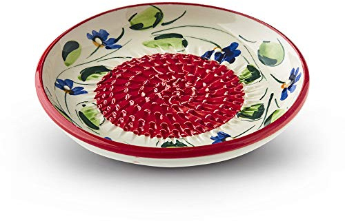 Garlic Grater Plate. (#Ref 17). Handmade and Hand Painted in Cordoba, Spain. White Plate with red Rim and Circles. Wild Flower.