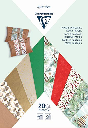 Clairefontaine 95630C Un bloc 20 fantaisies (10 papiers imprimés + 2 fles de Kraft, calque imprimé, doré, murier et Papier à Grain) A4, Noël végétal Multi-Papierblock, Pflanzliche Weihnachten