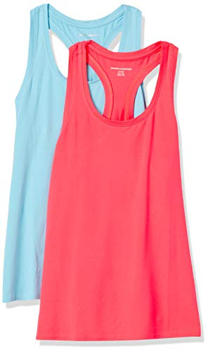 Amazon Essentials Top Deportivo Elástico de Entrenamiento, Secado Rápido y Espalda Nadadora (Tallas Grandes) Mujer, Pack de 2, Rosa Fluorescente/Azul, M