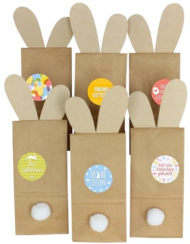 Papierdrachen 12 dekorative Osternester zum Befüllen - Kraftpapiertüten mit Hasenohren zum Ausschneiden - Oster Dekoration Tischdeko inkl. Aufkleber und Hasenpuschel - Motiv Frühling
