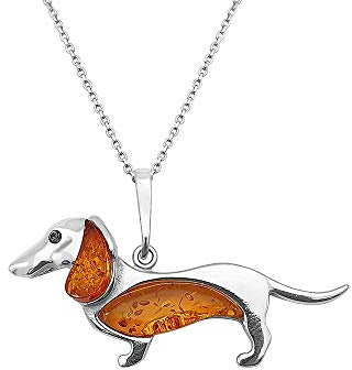 Kiara Jewellery 925 Sterling Silver Dachshund/Sausage Dog Pendant Necklace Inlaid With Brown Baltic Amber On Italian Sterling Silver 18 BelcherChain.