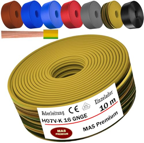 MAS Premium Von 5 bis 100m Aderleitung H07 V-K 16 mm² Schwarz Braun Dunkelblau Grüngelb Grau Hellblau Orange oder Rot Einzelader flexibel (Grüngelb, 10m)