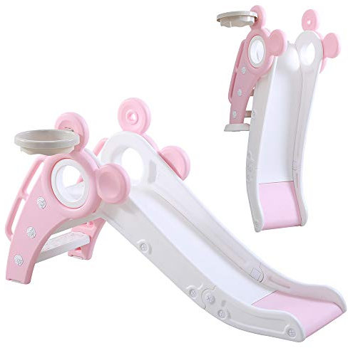 YOLEO Rutsche, Kinder Fun-Slide mit Basketballkorb, Faltbar Kinderrutsche, Gartenrutsche Kleinkinderrutsche für 1-3 Jahre, Indoor & Outdoor Rutschbahn mit Rutschauslauf (Rosa)