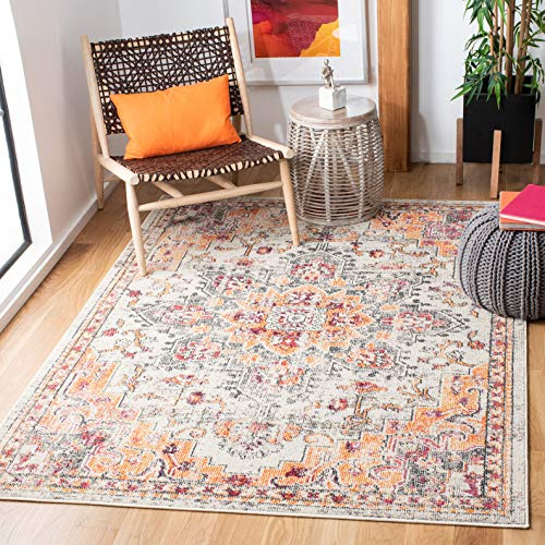 SAFAVIEH Boho Teppich für Wohnzimmer, Esszimmer, Schlafzimmer - Madison Collection, Kurzer Flor, Beige und Orange, 160 x 160 cm