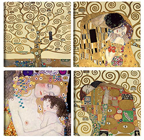 DìMò ART Quadri Moderni Gustav Klimt 4 pz 30x30 CM cadauno Stampa su tela Canvas Arredamento Arte Classica Arredo per cucina, camera da letto, soggiorno, salotto, bar, ufficio, ristorante