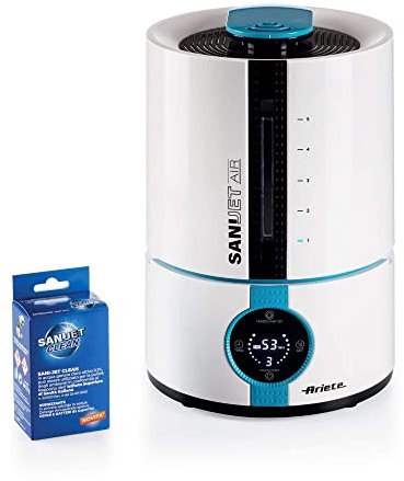 Ariete 2836 Sani-Jet Air, Umidificatore a ultrasuoni con funzione igienizzante, 30 Watt, Capacità Serbatoio 5L, 3 livelli di intensità, Display LED, Bianco/azzurro