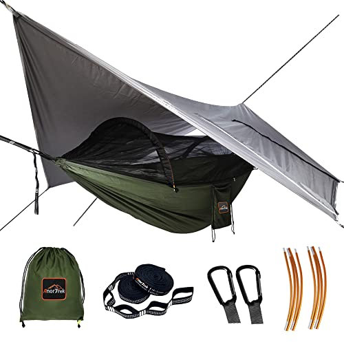 AnorTrek Camping-Hängematte mit Moskitonetz und Regenfliegenplane, tragbare Doppelhängematte mit Zwei Baumgurten, 230T Nylon-Hängematte und wasserdichtem Regenfliegen-Set für Wandern