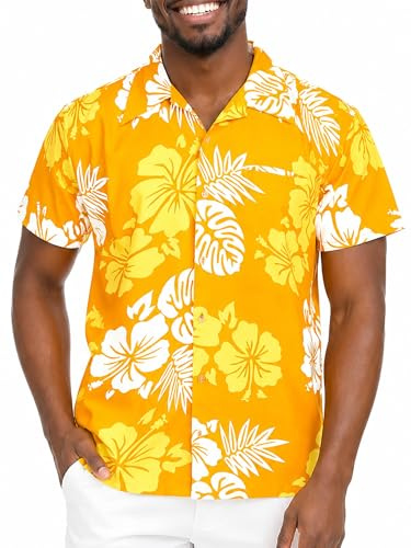 King Kameha Camisa Hawaiana para Hombre de Manga Corta con Estampado de Hibisco y Hojas Tropicales, Mono-Hibiscus, Amarillo-Blanco, L