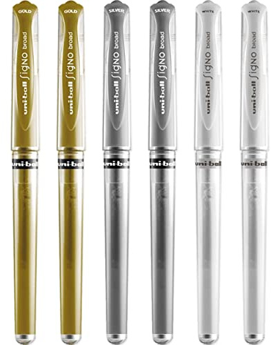 Uni Ball Signo Tintenroller, Metallic, 1 mm, Strichbreite 0,65 mm, Gummigriff, 6 Stück, Weiß, Silber und Gold, 6 Stück