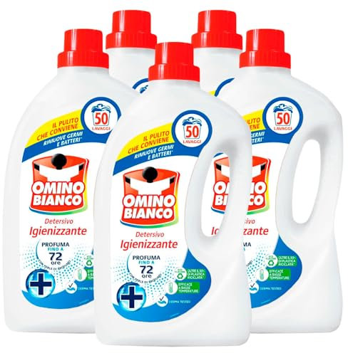 Omino Bianco - Detersivo Lavatrice Igienizzante Liquido Igienizza i Capi e Rimuove Germi e Batteri 50 Lavaggi 2L - 5 Flaconi