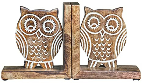 ETROVES Buchstützen aus Mangoholz, Eulenmotiv, 15,2 x 14,9 x 14,9 cm, dekorative Buchstopper für Bücherregale, Heimbüro, schwere Bücher, 2 Stück