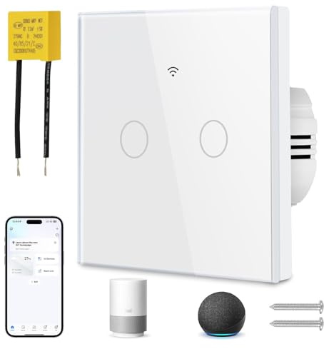 proAMEDEN Interruptor de luz inteligente WiFi 2/Gang NO NECESITA NEUTRO, panel de vidrio, interruptor táctil WiFi 2,4 GHz, control remoto Smart Life/Tuya, funciona con Alexa, Google Home, Blanco[1pc].