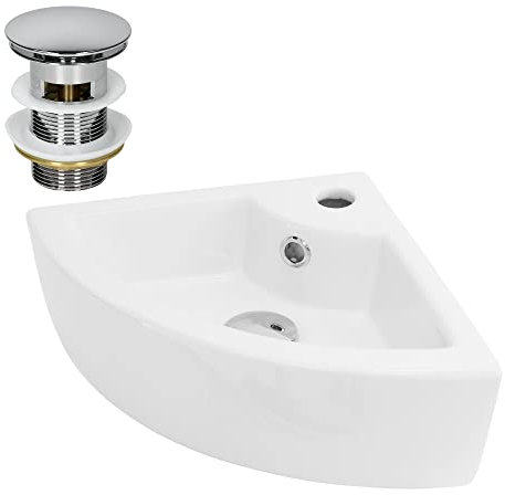 ML-Design Lavabo ad Angolo d'Appoggio in Ceramica Bianco 46 x 33 x 13 cm Lavandino Angolare a Parete Troppopieno Foro per Rubinetto Lavello a Triangolo Bagno WC Ospiti Design Moderno incl. Piletta