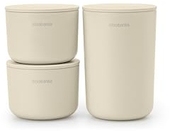 Brabantia - Renew Aufbewahrungsbehälter - 3er-Set - für die Aufbewahrung Kleiner Gegenstände - Stapelbar - Korrosionsbeständig - Leicht zu reinigen - Badezimmerzubehör - Soft Beige - 15,2 x 7,6 cm