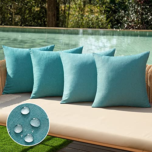 MIULEE Outdoor Kissenbezug Wasserdicht Kissen Wasserfest Dekorative Kissenbezüge Leinen-Optik Sofakissen Dekokissen für Garten Sofa Couch Wohnzimmer Schlafzimmer 4er Set 50x50 cm Pfauenblau
