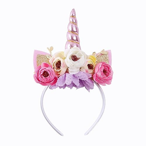 Nishine Mädchen Glitter Einhorn Horn Stirnband Kamelie Pony Stirnband Blume Haarband Tiara für Party Geburtstag Geschenk(Rosa)