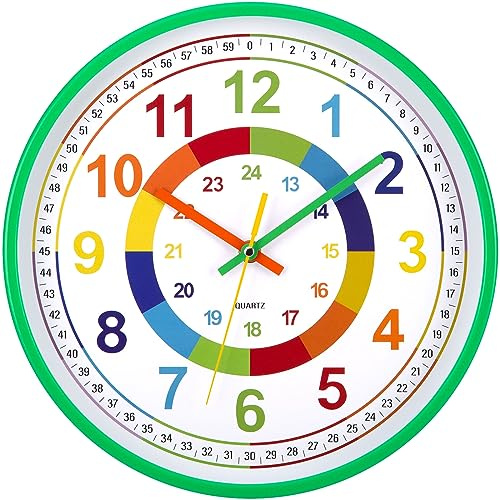VINILITE Wanduhr Kinder Lautlos 30 cm Batteriebetrieben Holzmaserung Grün