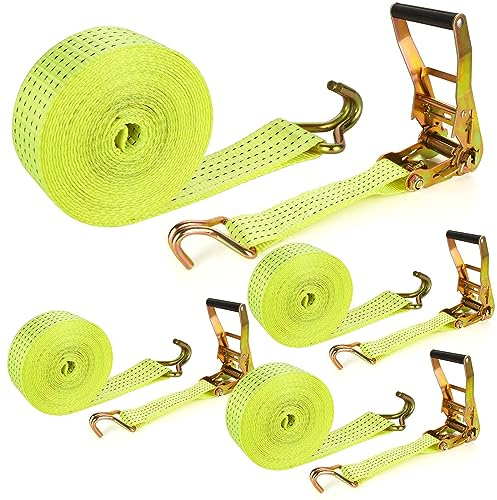 4 Pack 2 Inch Ratchet Straps Heavy Duty 20ft Tie Down Straps Ratchet with Double J Hook, 8000 LBS Break Strength, Cargo Ratchet Straps for Moving, Truck, Trailers, Motorcycles, Kayaks, Car Roof