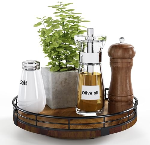 Farmhouse Oak 9 Lazy Susan Turntable Organizer for Cabinet, Round Wooden Lazy Susan Organization and Storage for Dining Table, Pantry, Kitchen, Countertop, Cupboard,Home Decor, Walnut Wood
