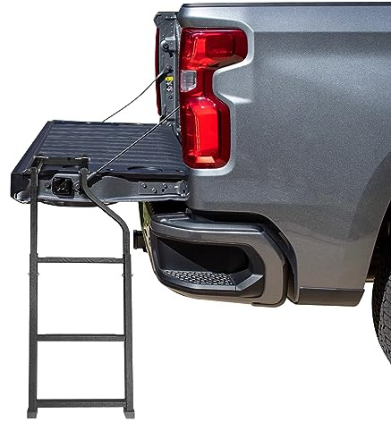 WeiSen Foldable Truck Tailgate Ladder for Pickup Universal Extension Step with Stainless Steel Self Drilling Screws, Durable Step Grip Plates and Sturdy Rubber Ladder Feet, Height Adjustable Black