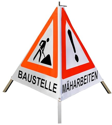Warnpyramide/Faltsignal - BAUMFÄLLUNG (VZ101) / MÄHARBEITEN (VZ101) / BAUSTELLE(VZ123) (1 - tagesleuchtend weiß, 70 cm leicht mit Mittelfuß)