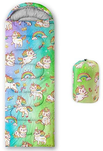 Datura home Kinder-Schlafsack für Jungen und Mädchen, Einhorn-Druck, leicht, warm, tragbar, für drinnen und draußen, wasserdicht, kältebeständig, Schlafsack für Camping, Wandern (Einhorn)