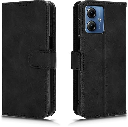 WBWONE Funda para Motorola Moto G14 Funda, Funda de Tapa PU Cuero Carcasa con Magnético Función de Soporte y Tarjetas Ranuras - Negro