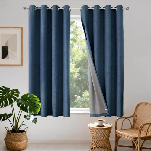 Joydeco 100% Blickdichte Vorhänge mit Ösen Gardinen Leinenoptik 2 Stück, Verdunkelungsvorhang Leinen Thermovorhang Hitzeschutz, Wärmeisolierte Beschichtung Rückenschicht für Schlafzimmer Wohnzimmer