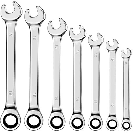 AMZSKU Lot de 7 clés à cliquet articulées 8-19 mm - Avec 72 dents - Pivote à 5° - En acier au chrome vanadium - Avec sac à roulettes
