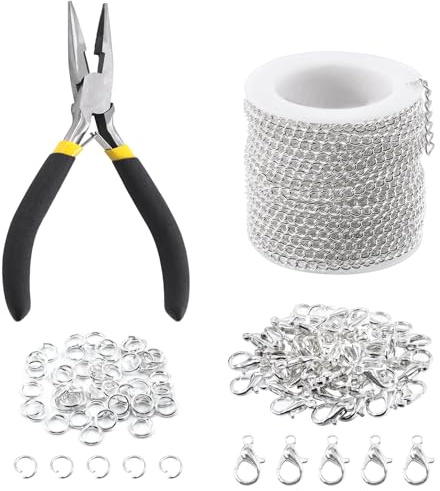 Keadic 102Pcs 30 Feet Jewelry Making Chains Kit W 3mm Metal Necklace Twisted Links Chain, Lobster Clasps, Open Jump Rings and Jewelry Pliers for Bracelet Earring Anklet DIY (Silver)