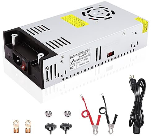 SWTPWR 12V 30A 360W AC to DC Converter - 110V/120V to 12V Transformer LED Driver with Smart Cooling Fan for LED Strip, CCTV and Car Devices