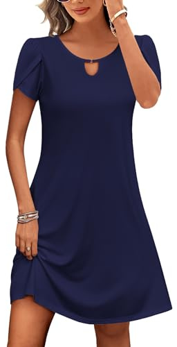 Zeagoo Robe Femme d'été T-Shirt Robe Couleur Unie Décontracté à Manches Courtes Robe de Plage Robe Ample Bleu Foncé S