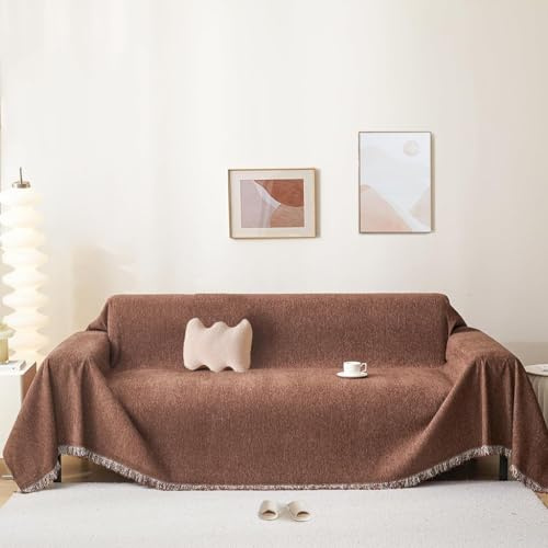 BUSVORES Sofa Überwurfdecke, Chenille Mit Fransen Sofabezug, AntiRutsch Couch Schutz für Haustiere Haare Kinder Hund Katze, Vielseitige Dekorative Sofaüberwurf für Familie(Braun, 180x260 cm)