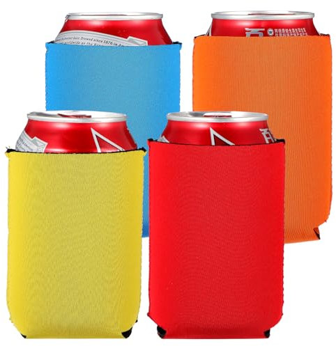 4 custodie vuote per lattine di birra, refrigeratori standard, isolanti, per bevande, birra, lattine, bottiglie, 12 x 9 cm, rosso, giallo, blu scuro, arancione, gomma