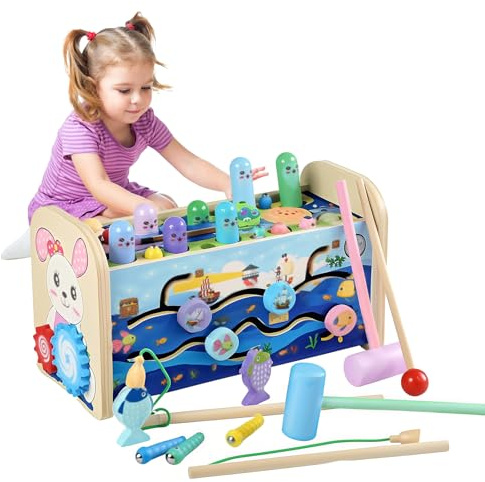 Montessori Spielzeug ab 1 Jahr - 7-in-1 Hammerspiel & Angelspiel aus Holz | Sensorik Lernspielzeug für Feinmotorik & Geduld | Sicher & Langlebiges Holzspielzeug Geschenk für Mädchen und Jungen​
