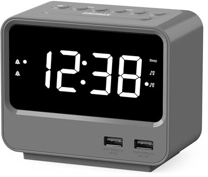 iTOMA Radiowecker für Schlafzimmer mit Zwei USB-Ladeanschlüssen, großen Zahlen mit Einstellbarer Helligkeit, digitalem UKW-Radio für den Nachttisch mit Schlaf-Timer, Weiße LED-Digitaluhr A23(schwarz)