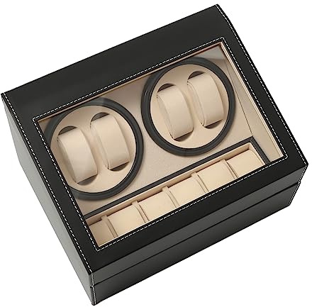 SUONTY Remontoir automatique pour montres - 4 expositions + 6 rangements - Rotation automatique - Boîte à montres avec fenêtre en verre transparent - Noir