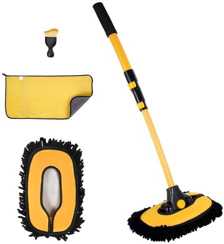 Eidoct 15° Curve Telescopic Car Cleaning Brush, 110CM Aluminum Alloy Long Rod Wash Mop - Microfiber Car Wash Mop with 2 brush heads 1 Cleaning Cloth - Car Cleaning Brush Not Hurt Paint Scratch Free