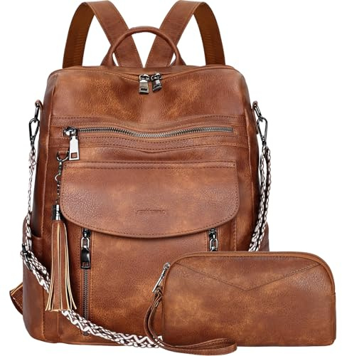 LEASOUL Rucksack Damen Set Wasserdicht,Veganes Leder Cityrucksack,Rucksackhandtasche Mittelgroß, Diebstahlsich Tagesrucksack für Büro,Pendeln,Arbeit,Leicht Elegant Backpack Women Groß für Reise