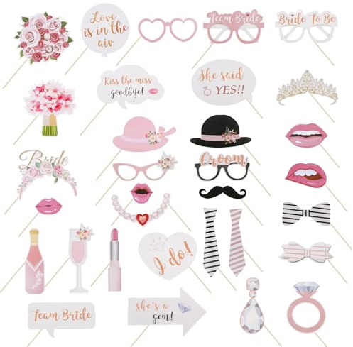 BRITIVIVE Foto Requisiten Hochzeit 32 Stück Fotobox Accessoires Hochzeit Worte Foto Booth Props DIY Fotobox Zubehör Bride Photobooth für Brautparty Junggesellenabschied