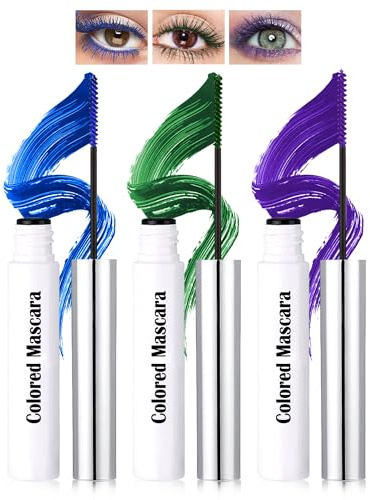 Mascara Coloré Kit, 3 Couleurs Bleu Vert Violet, Fibre 3D Volume & Courbe | Mascara Waterproof Longue Durée, Pinceau Fin Allongeant Curling et Longueur, Maquillage Cadeau Femme Effet Naturel Yeux