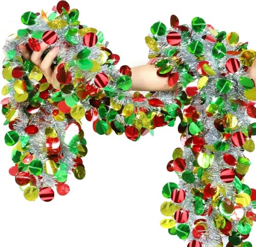 LATERN 10M Argent Guirlande de Noël avec Boules Rouge Verte Doré, Guirlande Métallique Scintillante Guirlandes Épaisse Brillante pour Sapin de Noël Hiver Mariage Anniversaire Vacances Fête Décoration