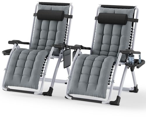 Soontrans 2pcs Tumbonas Jardin Exterior con Cojín, Tumbona Plegable con Portavasos y Reposacabezas ExtraíBle,Respaldo Ajustable, Silla Reclinable para Playa y Jardín y Camping, Carga de 120 KG (Gris)