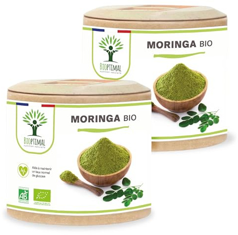 BIOPTIMAL - Moringa Bio - Complément alimentaire - Poudre de Moringa Oleifera en gélules - Glycémie - Dose 300 mg - Fabriqué en France - Certifié Ecocert - Vegan - 2 x 60 gélules