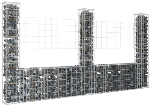 Outdoor Landscape Decorative Fence Border U-Shape Gabion Basket with 3 Posts Iron 260x20x150 cm for Balcony Outdoor Garden Wall Mat Decoration