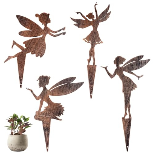 Capgoost 4 Stycken Trädgårdsdekorationer, Rost, Älvor, Figurer, Galler, Metallkontakt, Fe Rostdekoration, Trädgårdsfigur, Ädelrost
