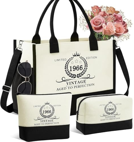 60. Geburtstag Geschenk Frau – 3 teiliges Vintage 1966 Canvas Taschen Einkaufstasche und Kosmetiktasche Set, Geburtstagsgeschenke für Frauen, Geschenk für Mum,Ehefrau,Freundin,Kollegin und Schwester