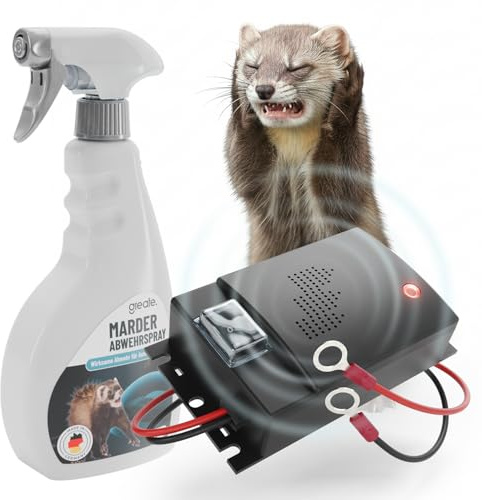 greate mårdförsvars-set – Made in Germany Anti-mårdspray 500 ml ultraljud mårdskrämma bil med 12 V batterianslutning