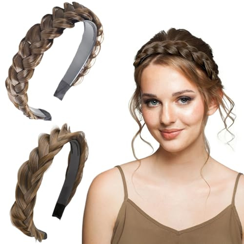 Haarreif Geflochten Haare, 2 Stück Haarreifen Geflochtenes Damen, High Elasticity Braided Hairband, Haarreif Zopf Geflochten für Mädchen Frauen Modeaccessoires (Hellbraun)